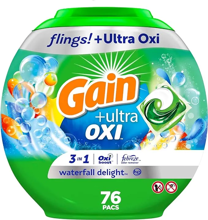 Gain Flings Ultra OXI Laundry Detergent Pacs 3-in-1 He Compatible, Waterfall Delight Scent, 76 Count