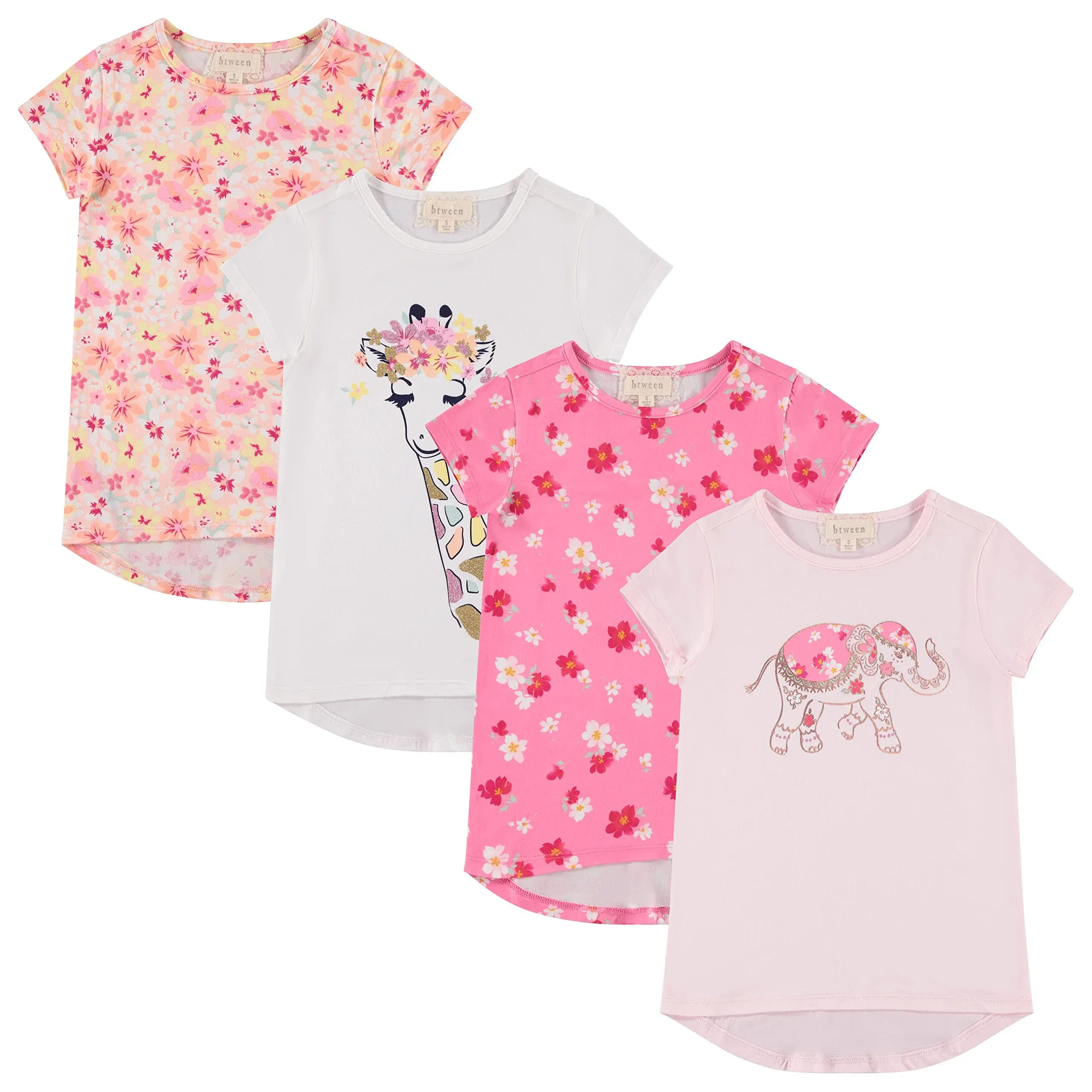 Kids Btween Girls 4-Piece Summer Tops Fashionable Short Sleeve T-Shirt