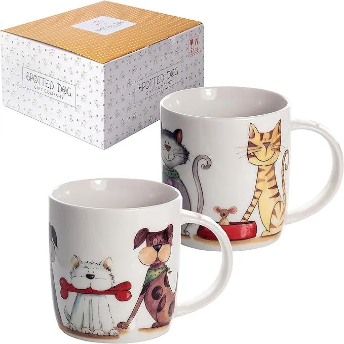 Spotted Dog Gift Company Dog and Cat Coffee Mug Set, 12 oz Cute Mugs Ceramic ...