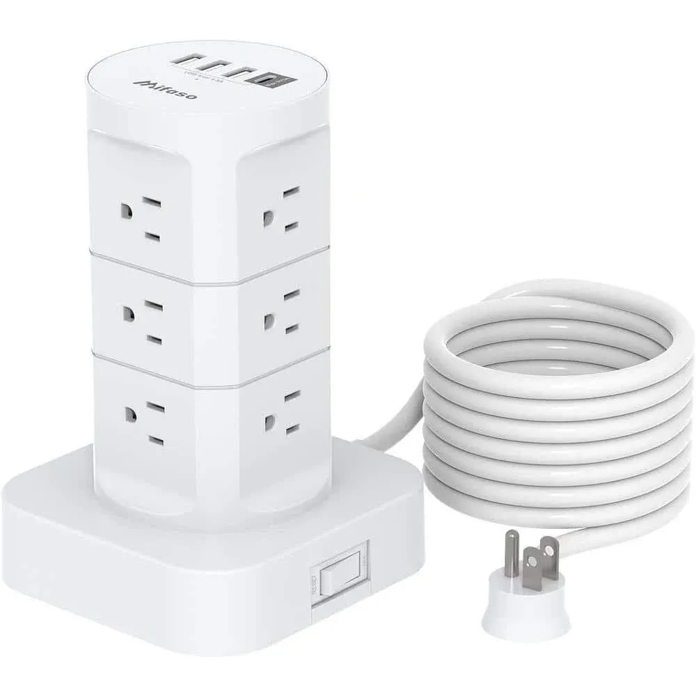 10 ft. Flat Plug Heavy-Duty Extension Cord, Surge Protector Power Strip Tower 12 Outlets with 4 USB Ports (1-usb C)