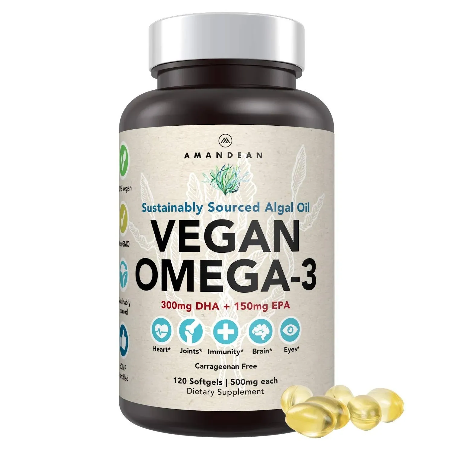 Vegan Omega-3 Dha + Epa Algal Oil Supplement, 500mg, 120 Count