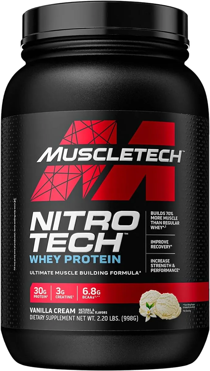 Whey Protein Powder | MuscleTech Nitro-Tech Whey Protein Isolate & Peptides | Protein + Creatine for Muscle Gain | Muscle Builder for Men & Women | Sports Nutrition | Vanilla, 2.2 lb (22 Servings)