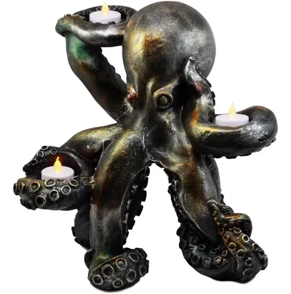 Ebros Rustic Antiqued Silver Bronze Finish Deep Ocean Octopus Candle Holder Statue 12.5" H Kraken Sea Monster Candleholder Decorative Sculpture Made of Resin