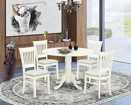 East West Furniture - DLVA5-LWH-C - 5-Piece Kitchen Table Set- 4 Dining Chairs with Linen Fabric Seat and Slatted Chair Back - Drop Leaves Dining Table - Linen White Finish