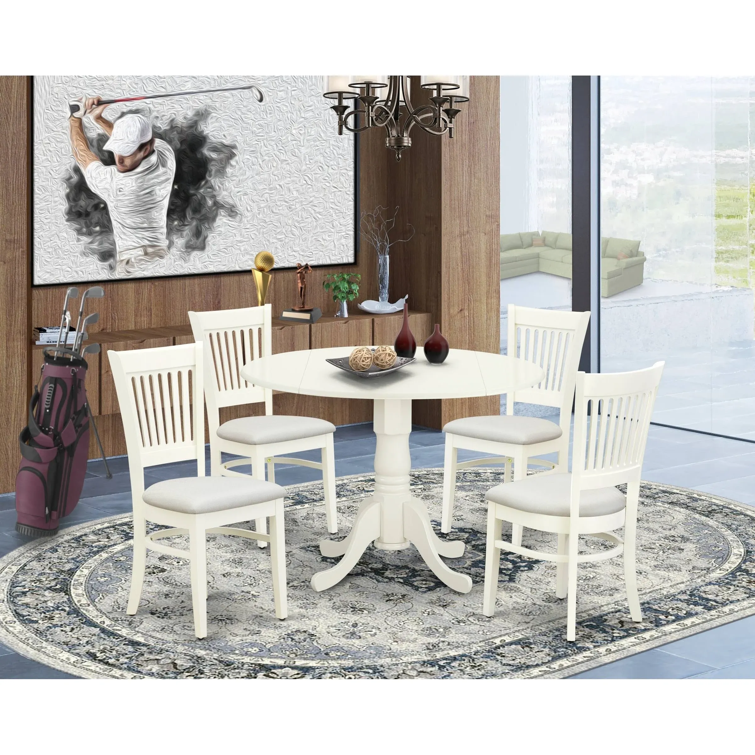 East West Furniture Dublin 5 Piece Set for 4 Includes a Round Table with Dropleaf and 4 Fabric Kitchen Dining Chairs, 42x42 Inch, Linen White