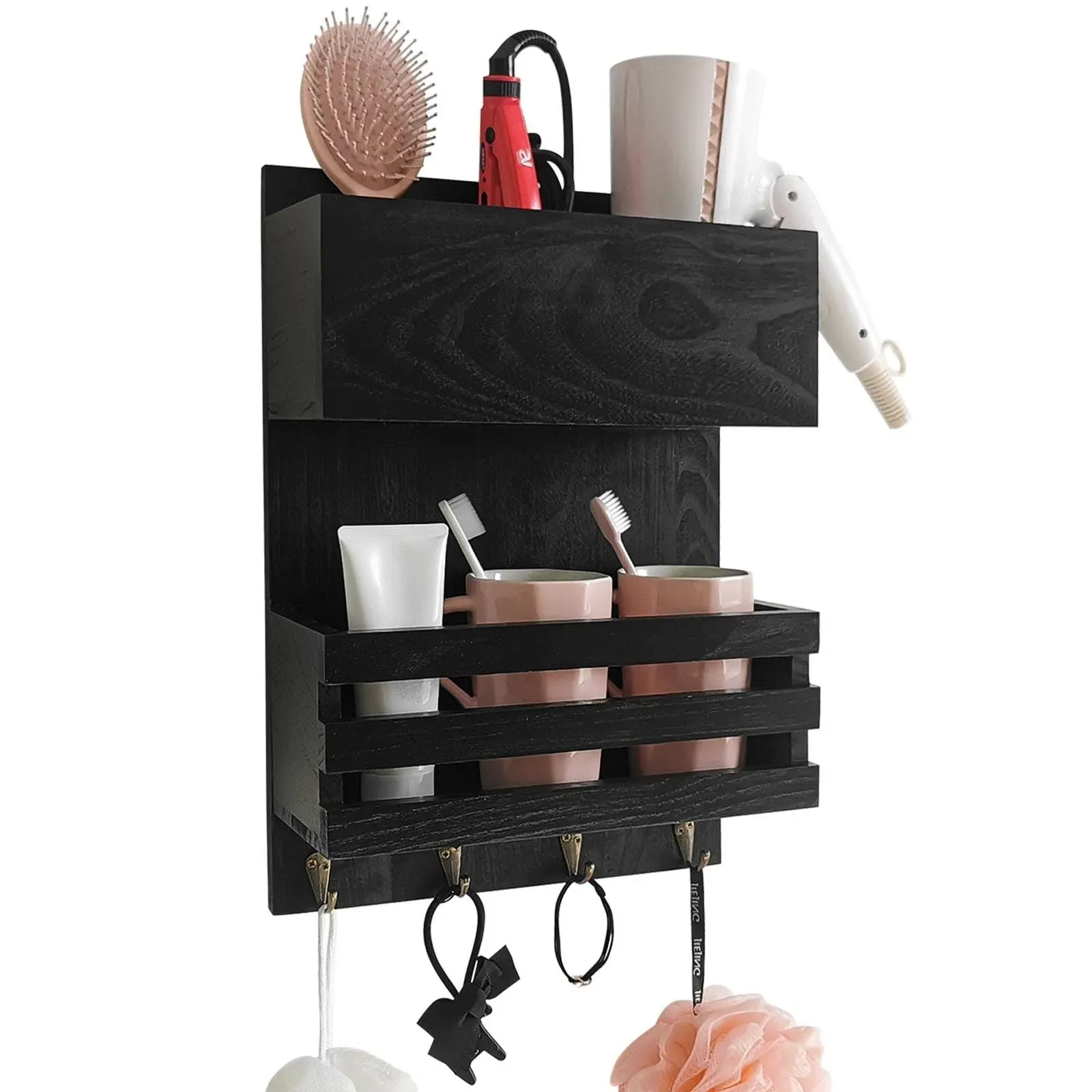 Wooden Hair Dryer Holder, Wall Mounted, 3 Metal Cups for Styling Tools, 2 Shelves for Toiletries, 100% Solid Sycamore Wood, Black