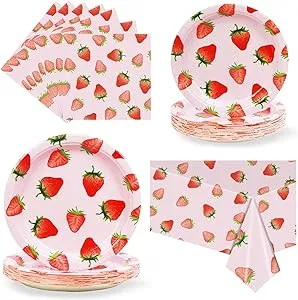 Strawberry Party Tableware Set,Strawberry Birthday Party Decoration,Summer Fruit Party Supplies Paper Plates Napkins Tablecloth for 25 Guests Great for Birthday Summer Fruit Party 1st Party