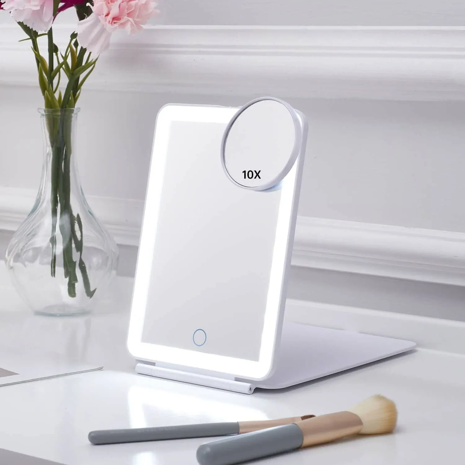 Mocado LED Foldable Travel Makeup Mirror - 5x7 Inches 3 Colors Light Modes USB Rechargeable Touch Screen, Portable Tabletop Cosmetic Mi