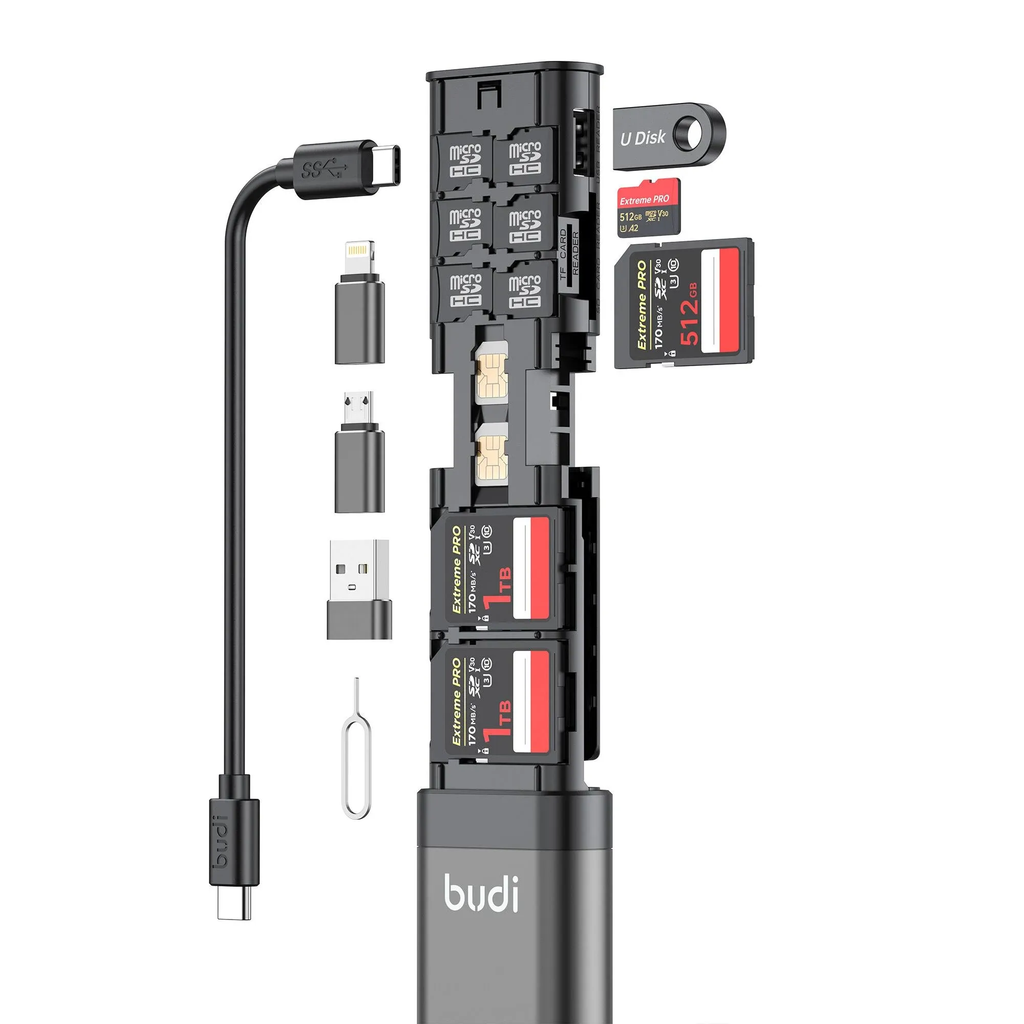 BUDI [Upgrade Model] Multifunctional 9 in1 SD Card Reader Cable and USB 3.0 TF/SD Type-C with OTG Adapter for iPhone Android Computer Memory Stick Plug Play, BLACK