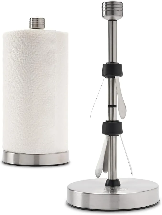 Stainless Steel Paper Towel Holder Designed for Easy One-Handed Operation - This Sturdy Weighted Paper Towel Dispenser Countertop Model Has Suction Cups and Holds All Paper Towel Rolls