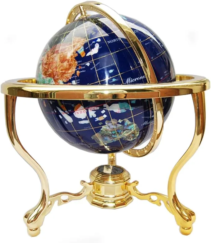 Unique Art Since 1996 14" Tall Blue Lapis Ocean Gemstone Globe with Tripod Gold Stand