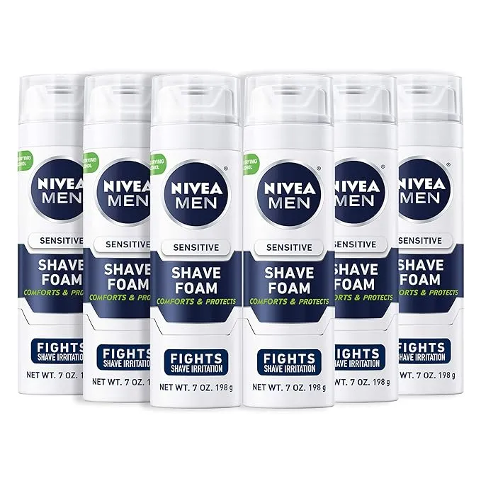 NIVEA MEN Sensitive Shave Foam with Vitamin E, Soothing Chamomile and Witch Hazel Extracts, 6 Pack of 7 Oz Cans