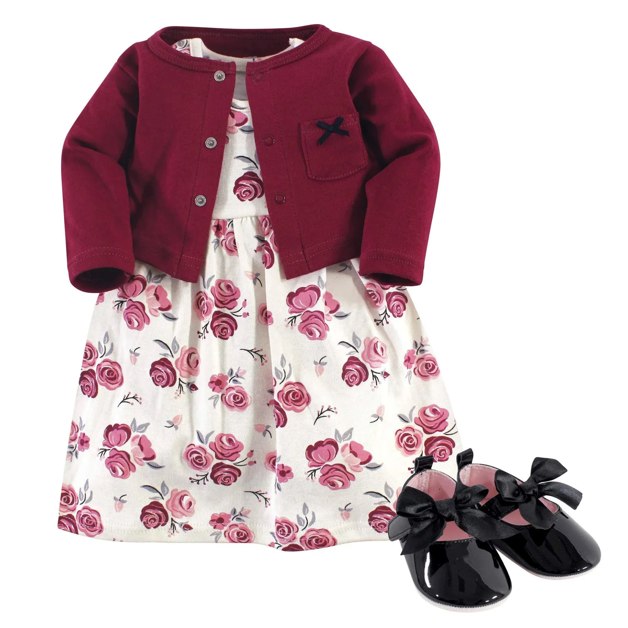 Hudson Baby baby-girls Cotton Dress, Cardigan and Shoe Set