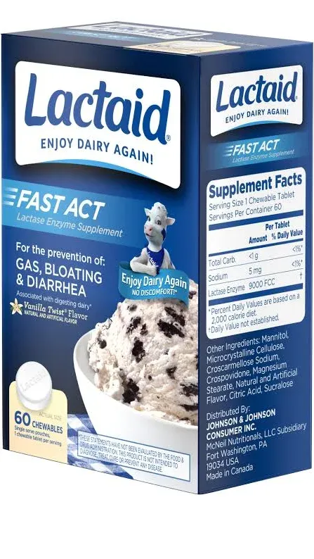 Lactaid Fast Act Lactose Intolerance Chewables with Lactase Enzymes, Vanilla, 60 Count (Pack of 1)Lactaid Fast Act Lactose Intolerance Chewables with…