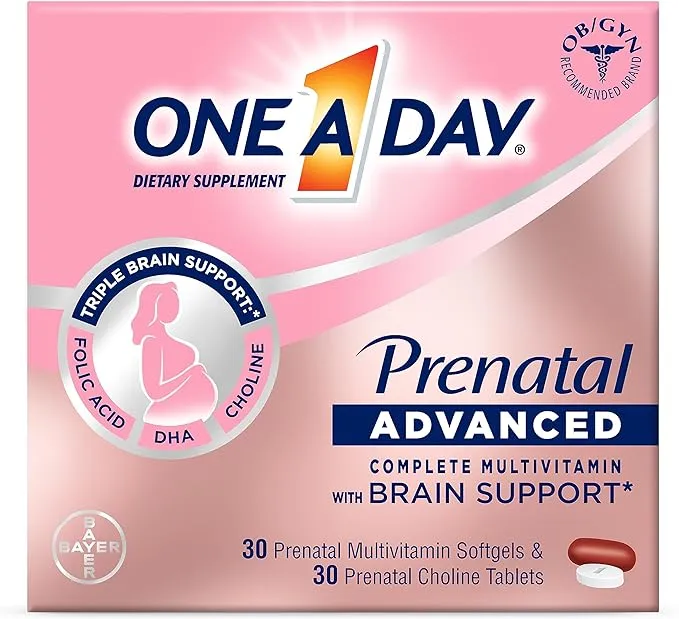 One A Day Womens Prenatal Advanced Complete Multivitamin with Brain Support* with Choline, Folic Acid, Omega-3 DHA & Iron for Pre, During and Post Pregnancy, 30+30 Count (60 Count Total Set)