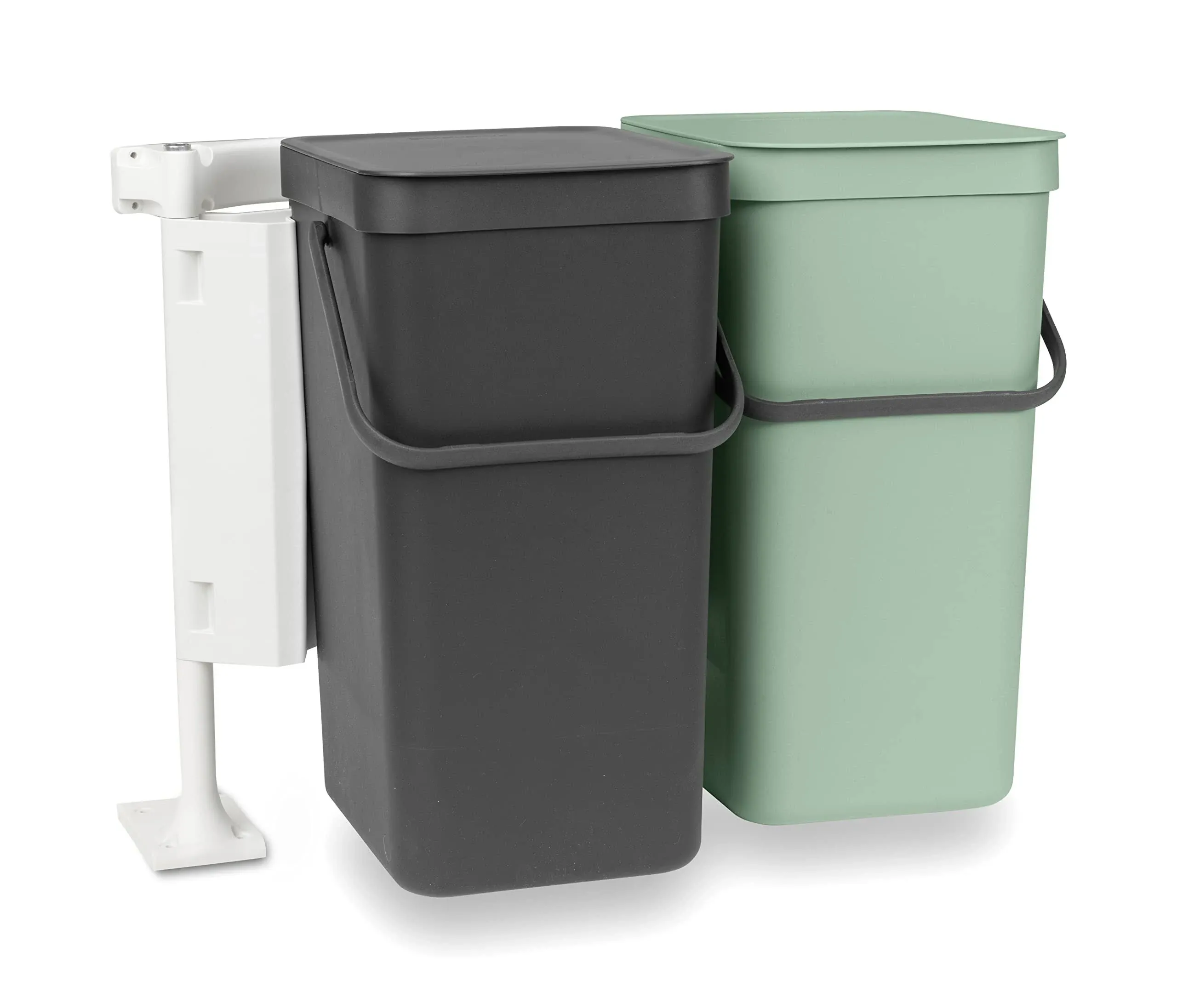 Brabantia Sort & Go Built-in Cupboard Recycling Cans (2 x 3.2 Gal/Dark Gray & Jade Green) Double Door Mounted Trash Organisers with Handles & Removable Lids