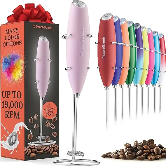 Peach Street Powerful Handheld Milk Frother, Mini Milk Foamer, Battery Operated (Not Included) Stainless Steel Drink Mixer with Frother Stand