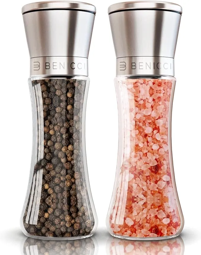 Premium Salt and Pepper Grinder Set of 2 - Two Refillable, Stainless Steel Sea Salt & Spice Shakers with Adjustable Coarse Mills - Easy Clean Ceramic Grinders w/BONUS Silicone Funnel & Cleaning Brush