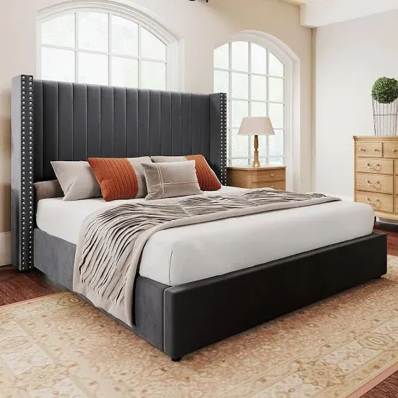 Jocisland King Bed Frame Lift Up Storage Bed, Velvet King Upholstered Bed Frame ...