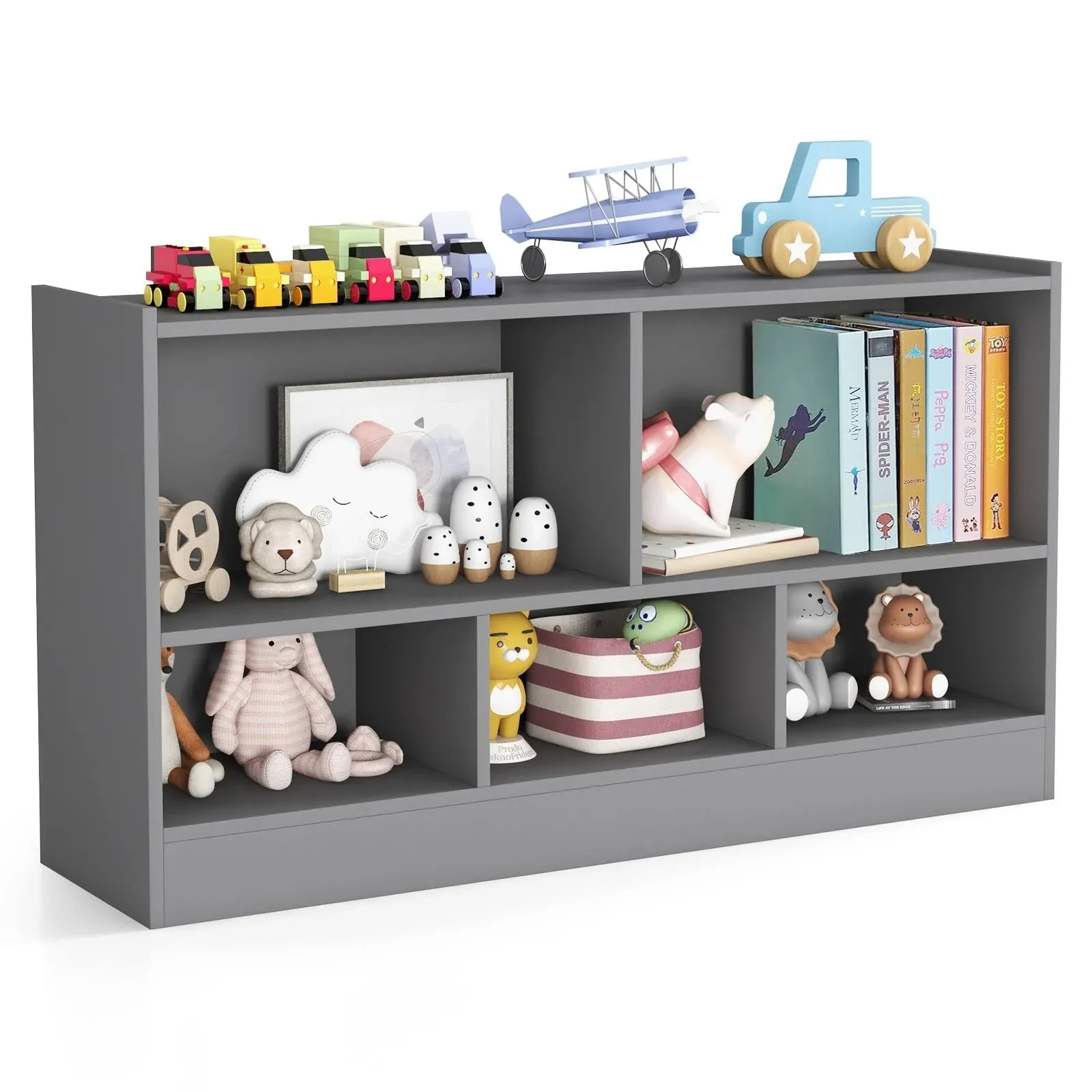 Kids 2-Shelf Bookcase 5-Cube Wood Toy Storage Cabinet Organizer Gray