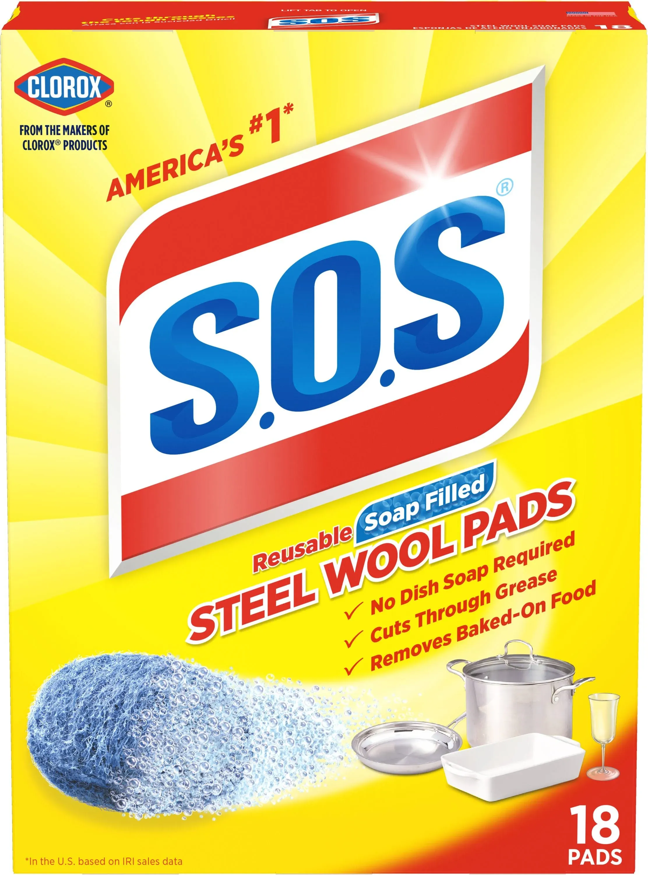 S.O.S Steel Wool Pads, Reusable, Soap Filled - 18 pads