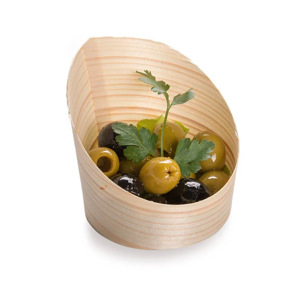 Restaurantware 4 oz Round Natural Wood Mini Incline Cup - 2 1/2 inch x 2 1/2 inch x 2 3/4 inch - 100 Count Box