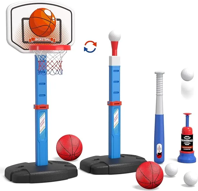 HYES 2 in 1 Kids Basketball Hoop and T Ball Set - Adjustable Height, Kids Baseball Tee with Automatic Pitching Machine, Indoor Outdoor Sport Toys Gifts for Toddler Boys Girls Age 1-5, Blue