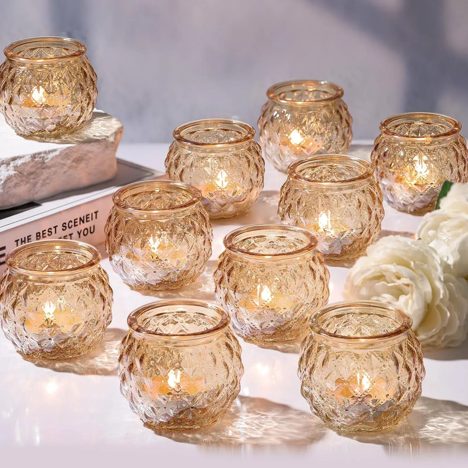 Gold Votive Candle Holders Set of 24- Round Glass Candle Holders Bulk for Tab...