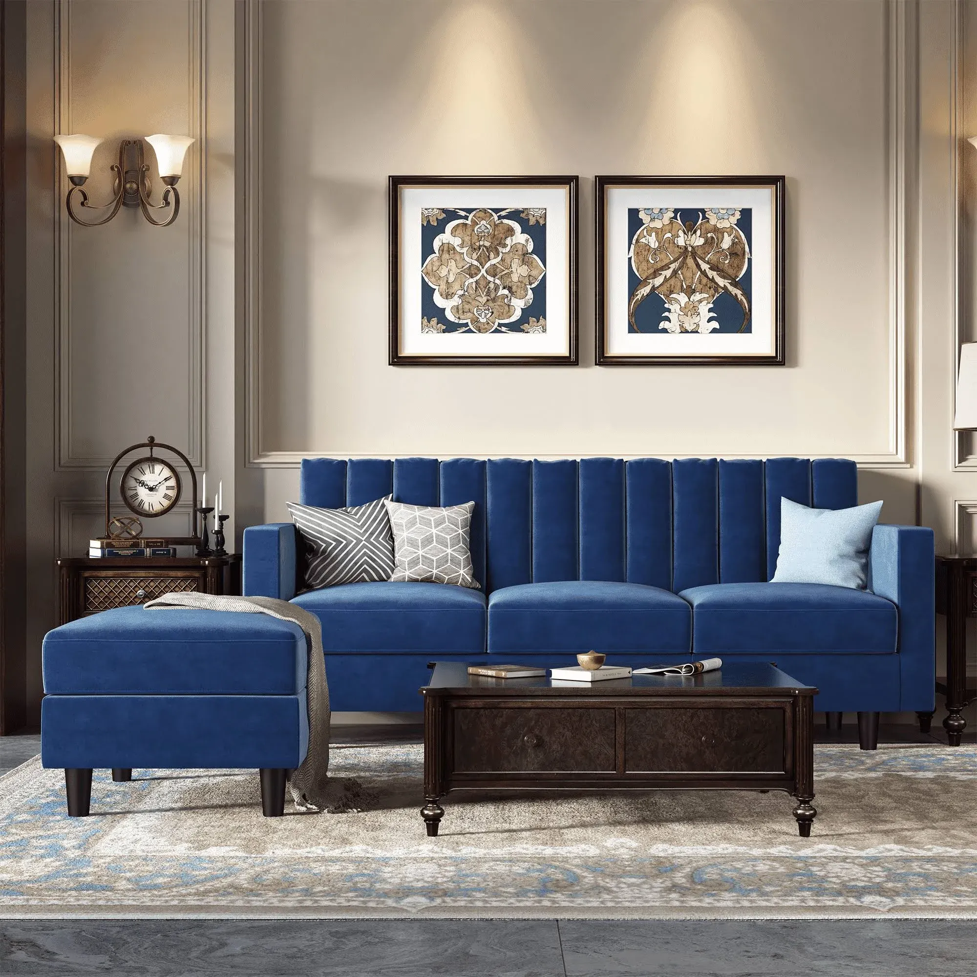 Blue Velvet L-Shaped Sectional Sofa with Convertible Ottoman