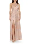 Kienna Metallic Cutout Detail One-shoulder Gown In Beige Bronze