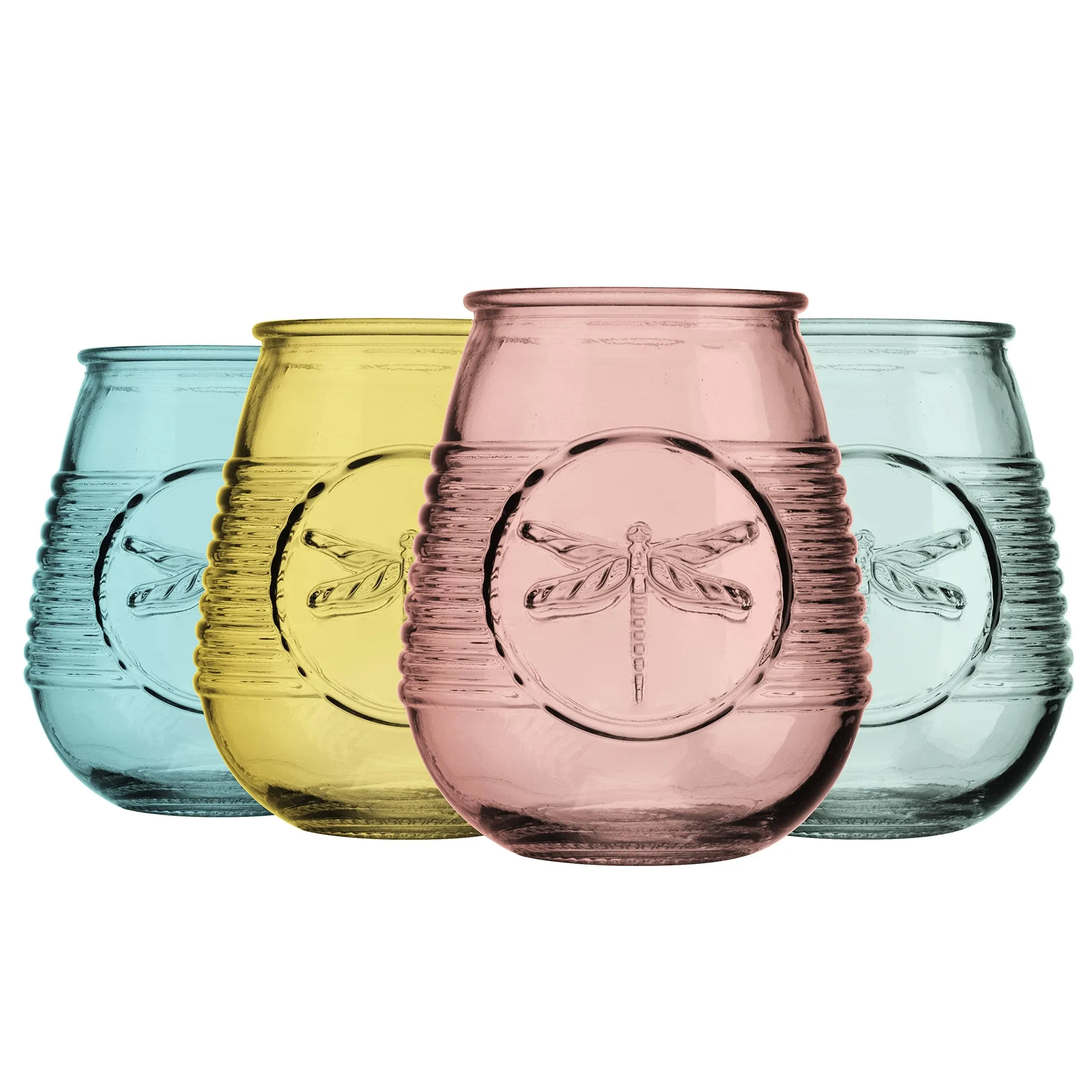 Glaver&#039;s Set Of 4-21 Oz. Colored Glasses Multicolor Embossed Dragonfly Wine G...