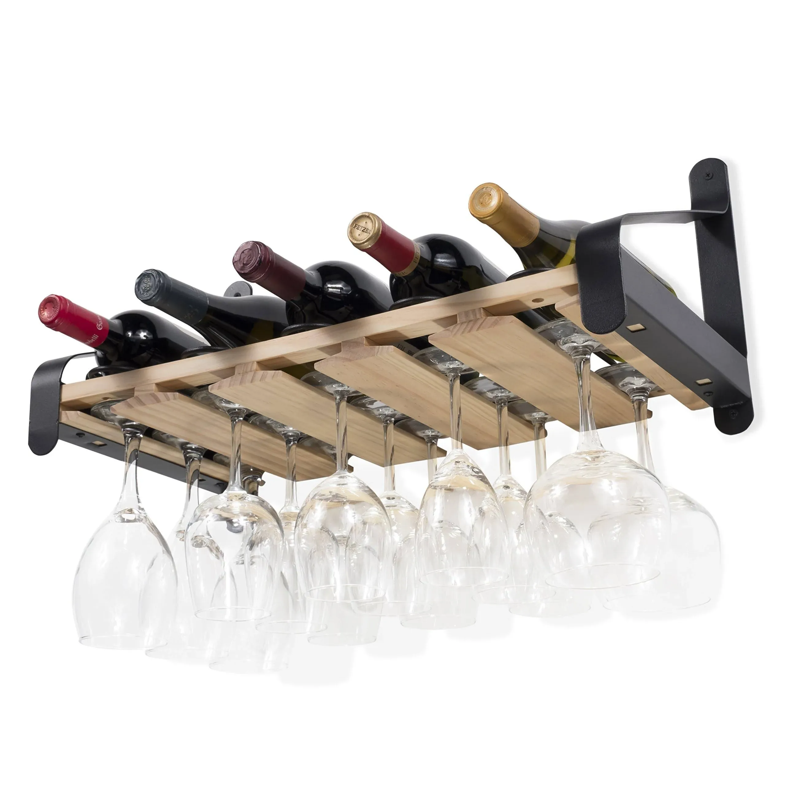 Rustic State Wall Mounted Wood Wine Rack with Stemware Holder Natural