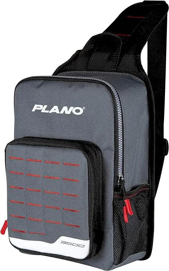 Plano Weekend Series 3600 Tackle Sling Pack, Gray with Red, Black, and White Accents, Includes 2 3600 Stowaway Organizer Boxes, Premium Tackle Storage