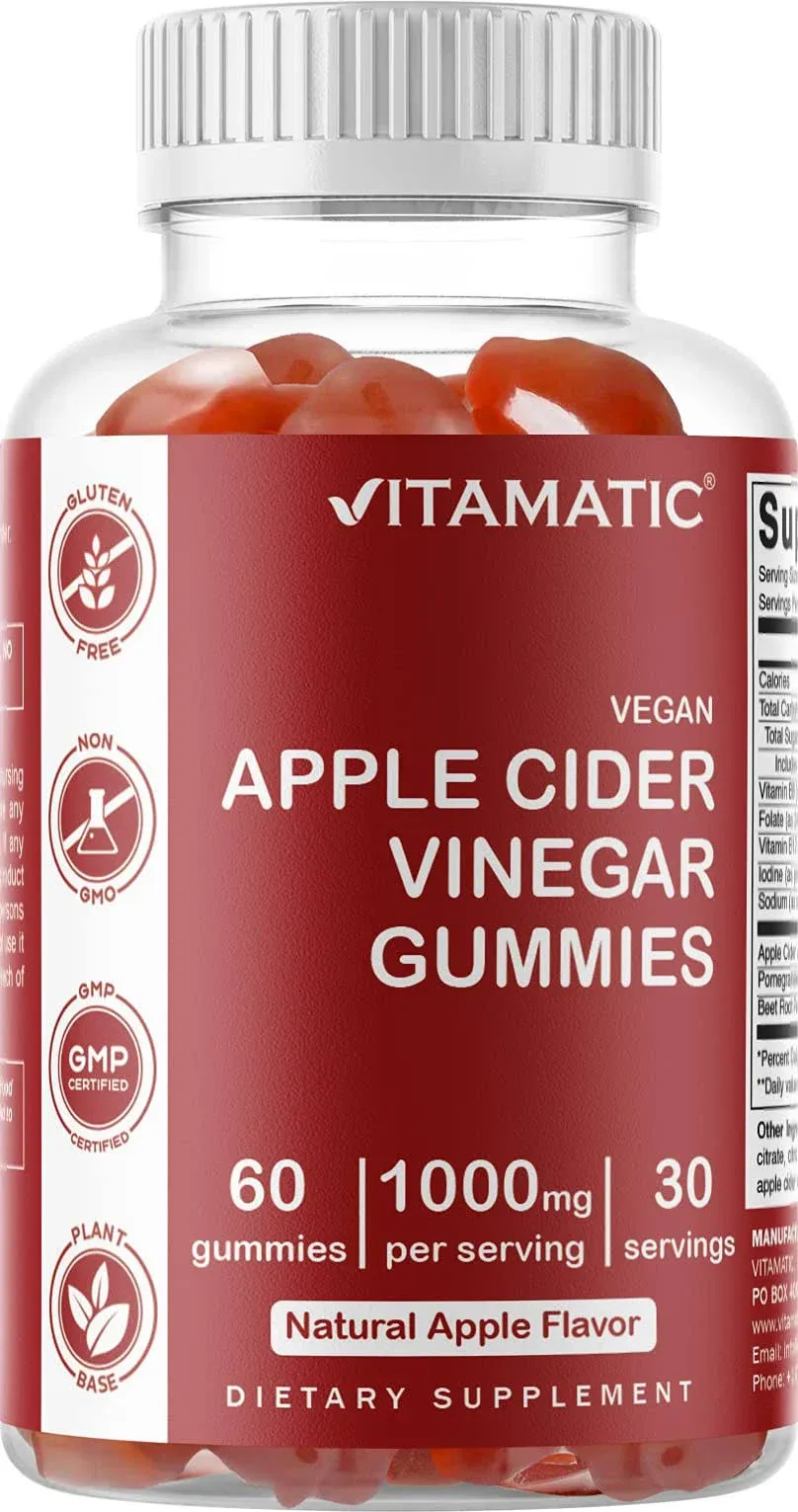 Vitamatic Apple Cider Vinegar Gummies - 1000mg per Serving - 60 Vegan Gummies - ACV Gummies for Detox, Weight Loss Support, Energy Boost, Digestion & Gut Health