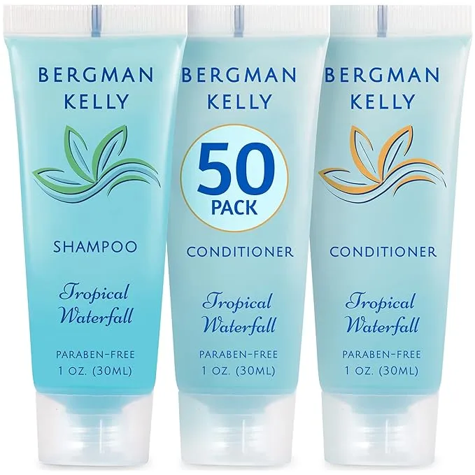 BERGMAN KELLY Travel Shampoo and Conditioner Set (1 fl oz, 100 Pieces, Tropical Waterfall), Delight Your Guests with an Invigorating and Refreshing Hotel Toiletries and Guest Hospitality in BulkBERGMAN KELLY Travel Shampoo and Conditioner Set (1 fl oz, 1