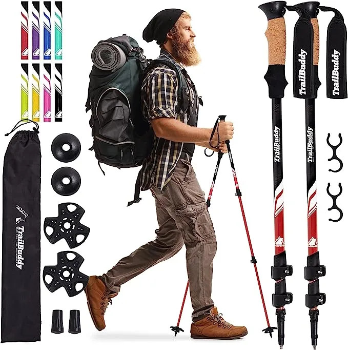 TrailBuddy Lightweight Trekking Poles - 2-pc Pack Adjustable Hiking or Walking Sticks - Strong Aircraft Aluminum - Quick Adjust Flip-Lock - Cork Grip, Padded StrapTrailBuddy Lightweight Trekking Poles - 2-pc Pack A…