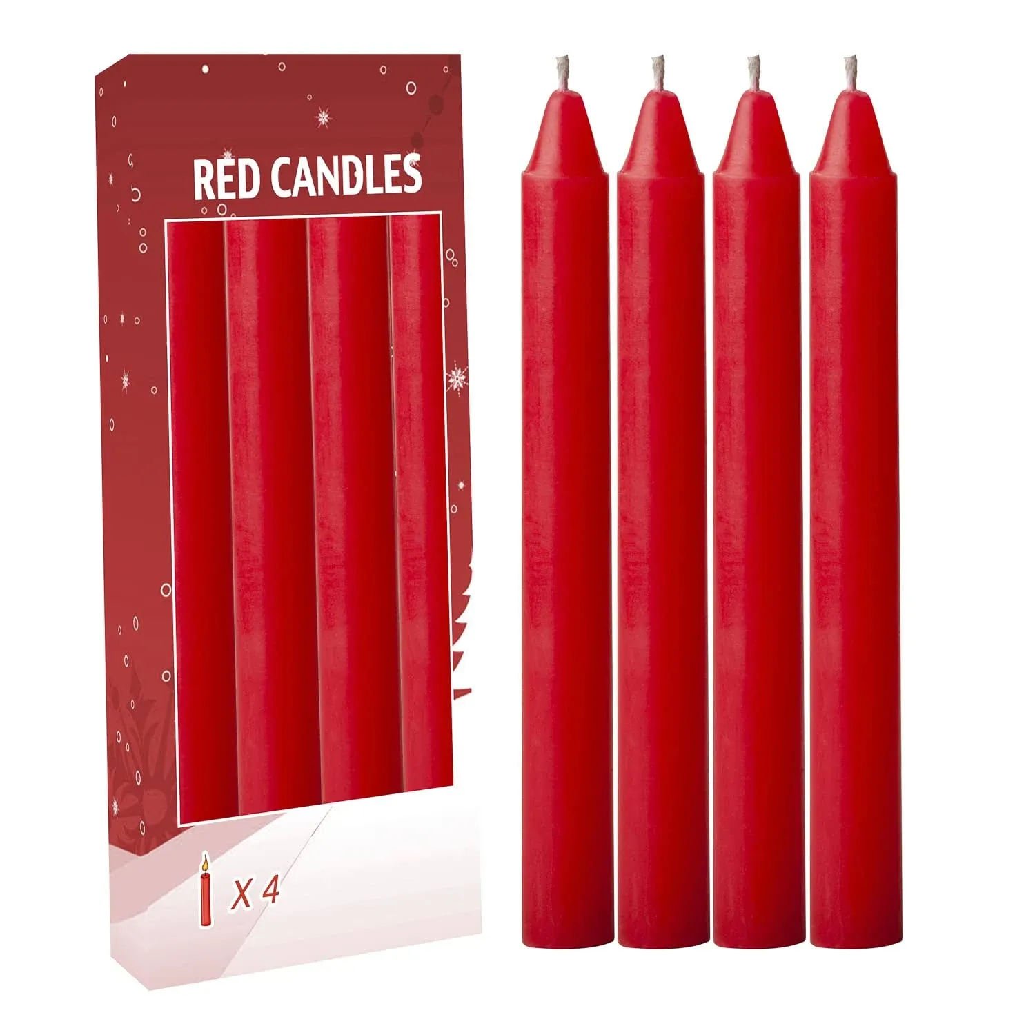 4 pcs Red Set Taper Candle Candlesticks 7.75 inch Tall x 3/4 inch (0.75 inch) Diameter -Dinner Table, Party Wedding Table Top décor.