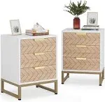 Tribesigns Nightstand Set of 2, Modern 3 Drawers Bedside Table with Unique Zig Zag Design, White Gold Side End Table Set of 2 for Bedroom