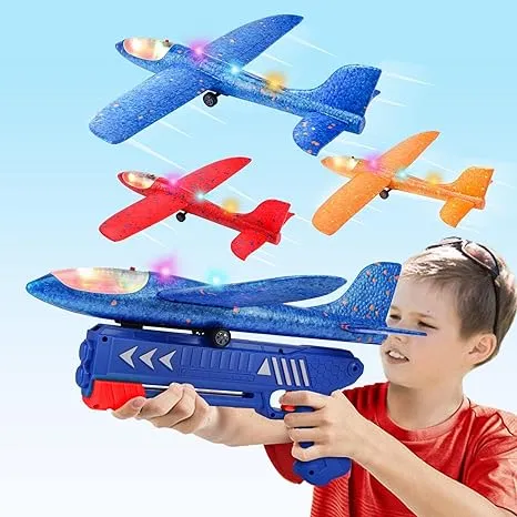 Aiencsai 3 Pack Airplane Launcher Toy 12.6" Foam Glider Led Plane 2 Flight Mode Catapult Plane for Kids Outdoor Sport Flying Toys Gifts for 4 5 6 7