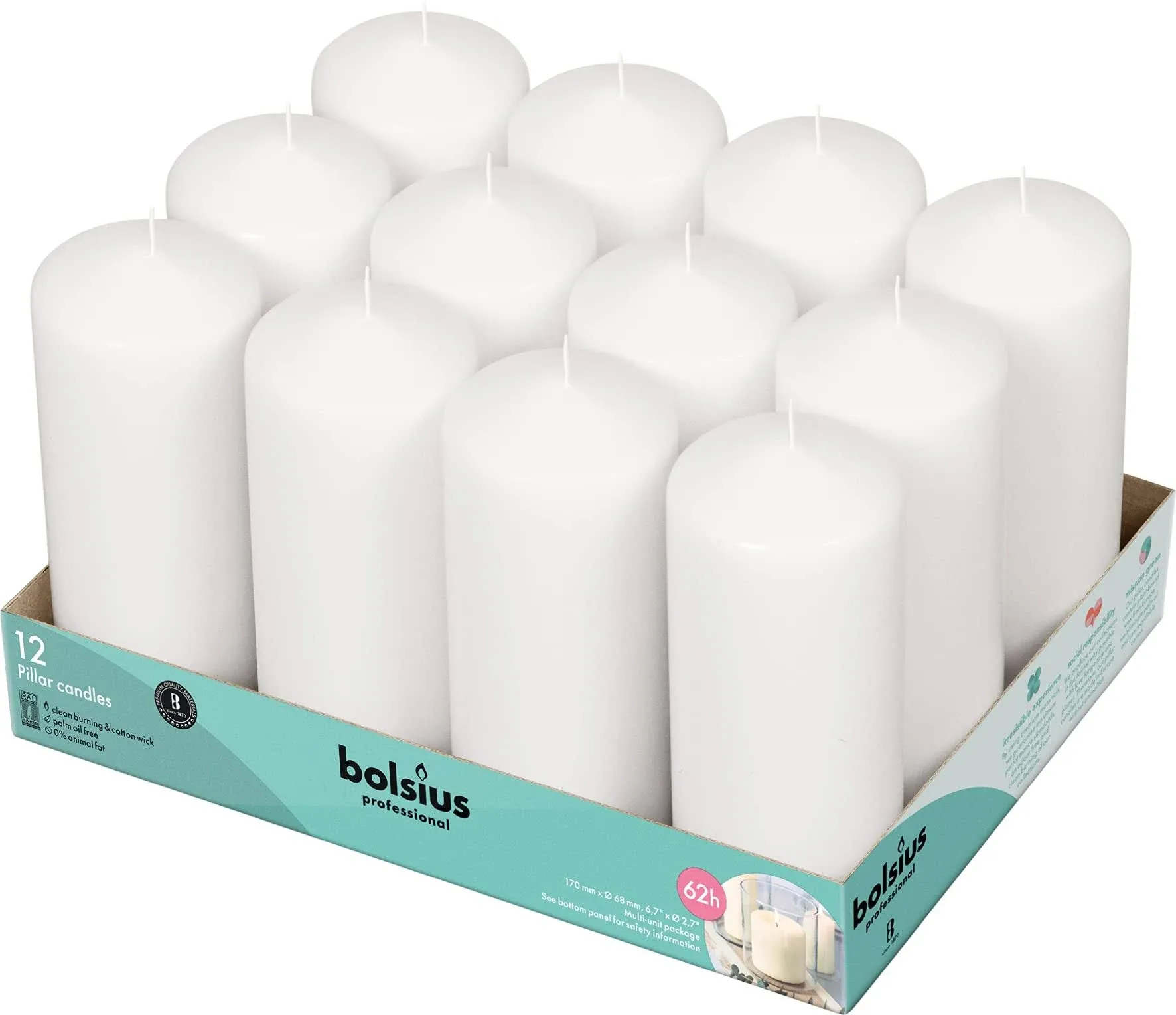 BOLSIUS 12 White Pillar Candles - 2.7 x 6.7 Inches Unscented Candle Set - 62 ...