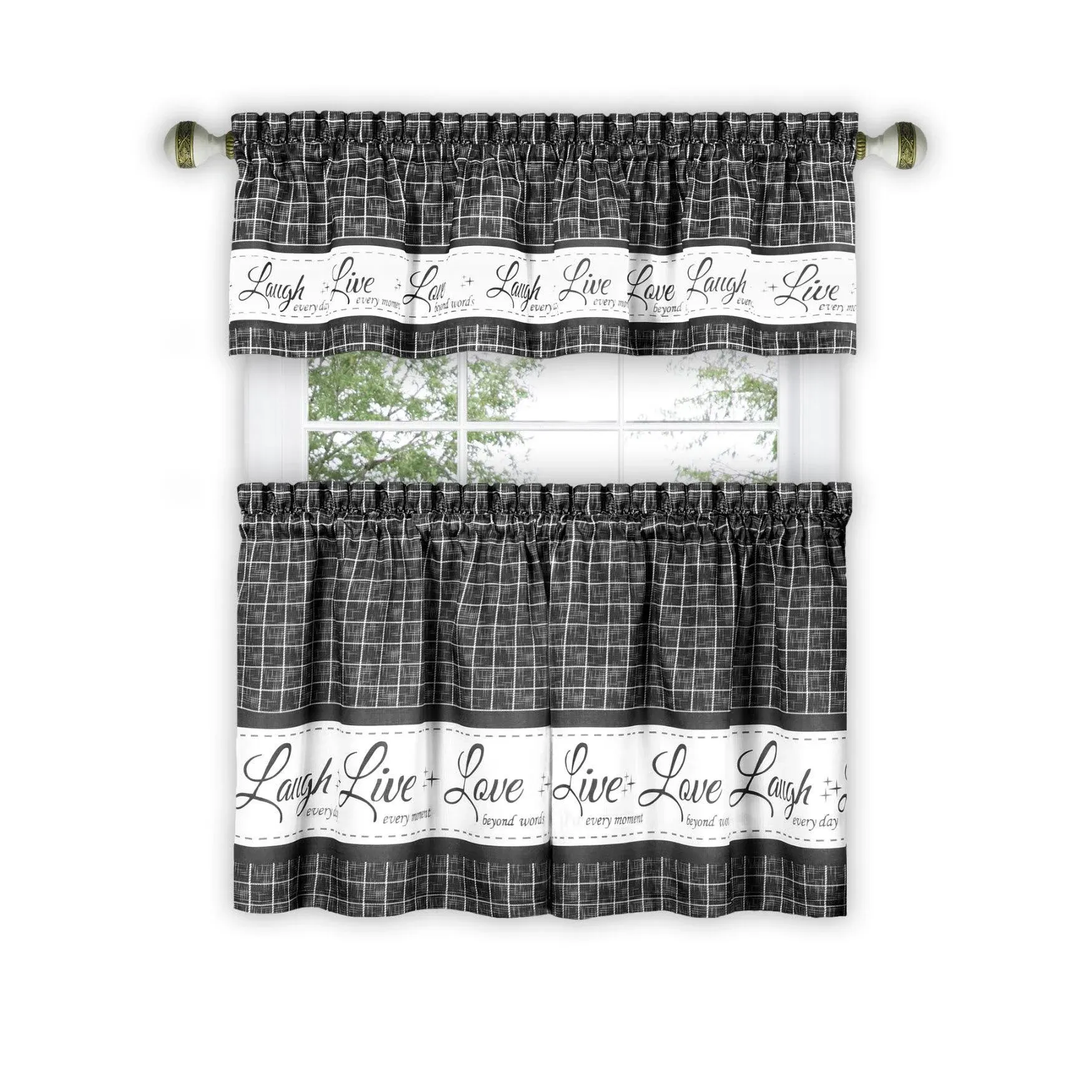 Achim Live, Love, Laugh Window Curtain Tier Pair and Valance Set - 58x36 - Charcoal