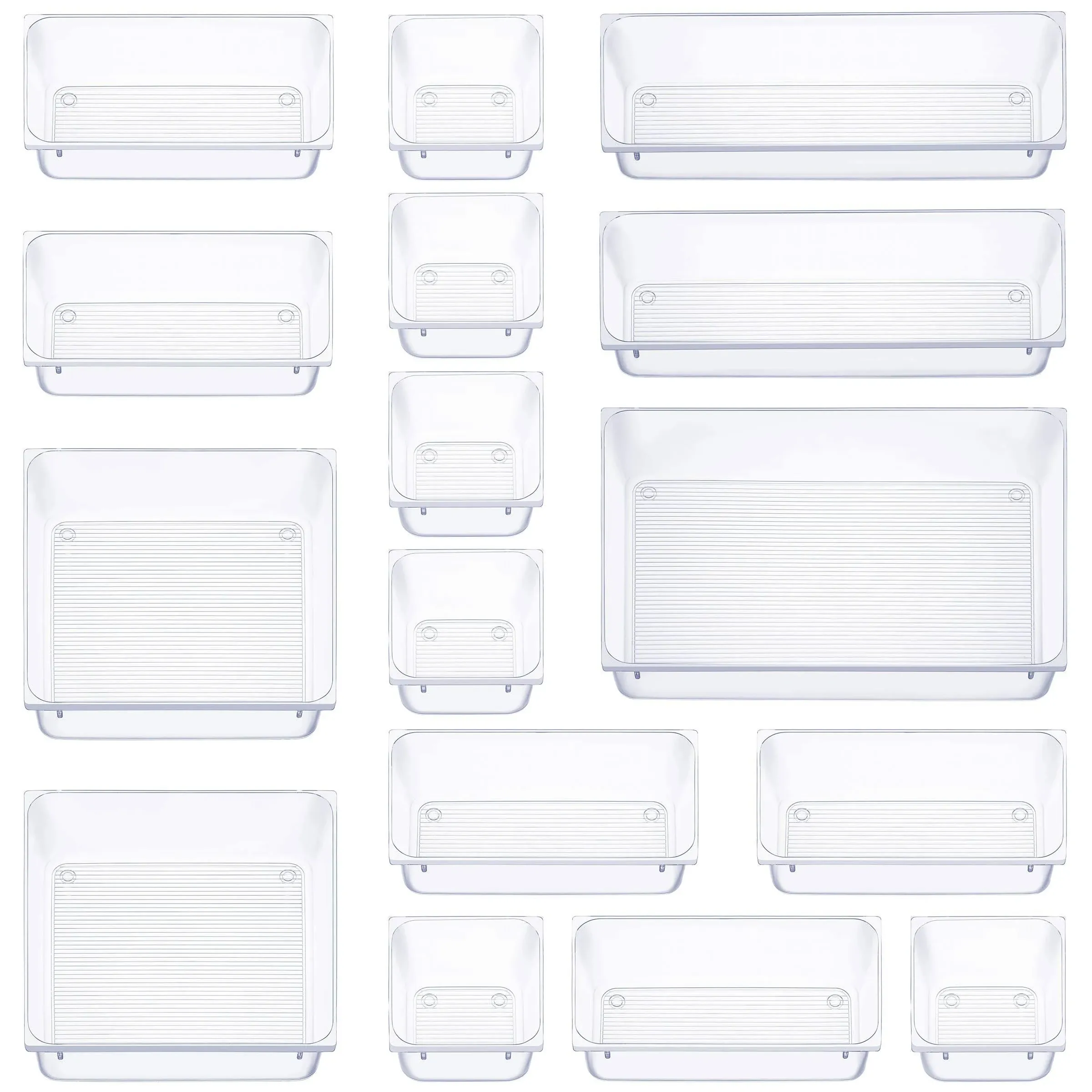 16 PCS Clear Plastic Drawer Organizers Set, 5-Size Versatile Bathroom and Vanity Drawer Organizer Trays, Storage Bins for Makeup, Bedroom, Kitchen Gadgets Utensils and Office Accessories