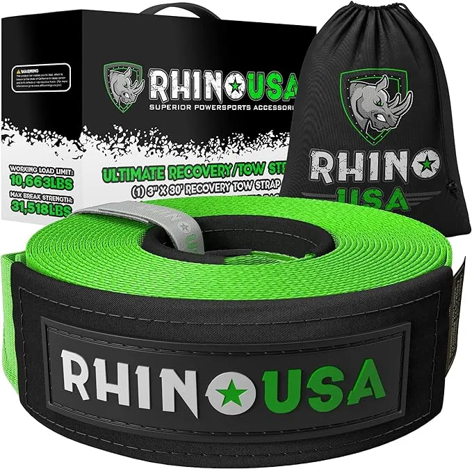 Rhino USA Recovery Tow Strap (3" x 30') Lab Tested 31,518lb Break Strength - Heavy Duty Offroad Straps with Triple Reinforced Loop Ends to Ensure Peace of Mind - Emergency 4x4 Off Road Towing RopeRhino USA Recovery Tow Strap (3" x 30') Lab Tested 31,518l