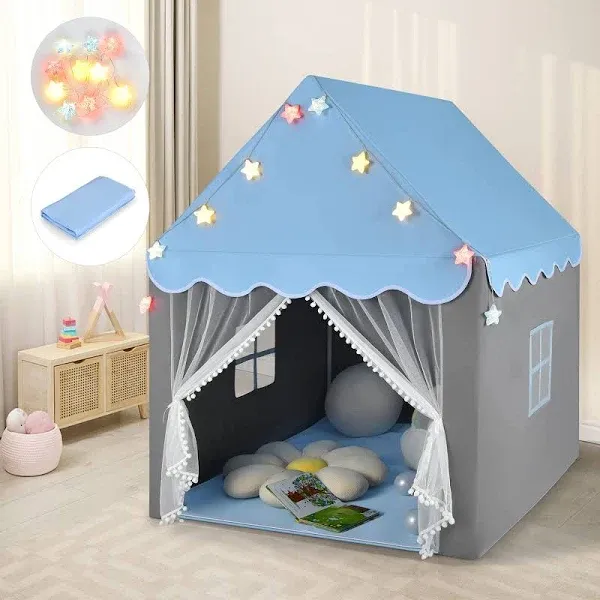 Kids Playhouse Tent Large Castle Fairy Tent Girls Boys w/ Star Lights &amp; Mat Blue