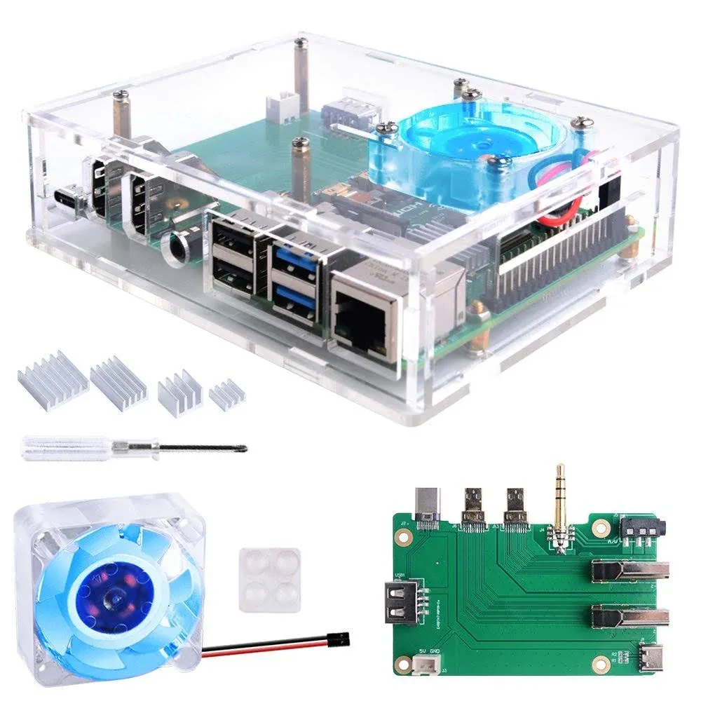 GeeekPi Acrylic Set-top Box Kit for Raspberry Pi, Pi 4 Case with 4010 Fan 5V (Blue LED Light) + Pi 4 Heatsinks + Extension Board for Raspberry Pi 4 Model B