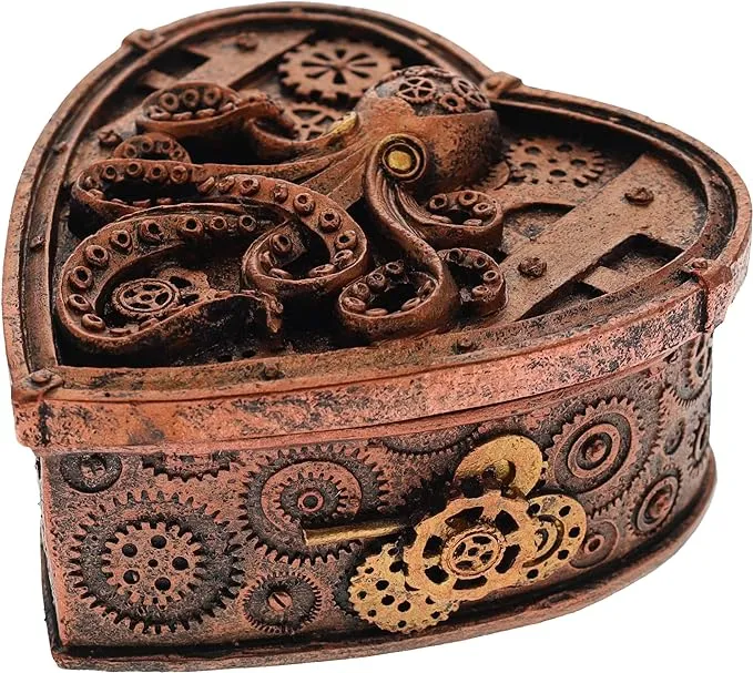 Top Brass Steampunk Octopus Heart Shaped Small Trinket Stash Jewelry Box Figurine ...