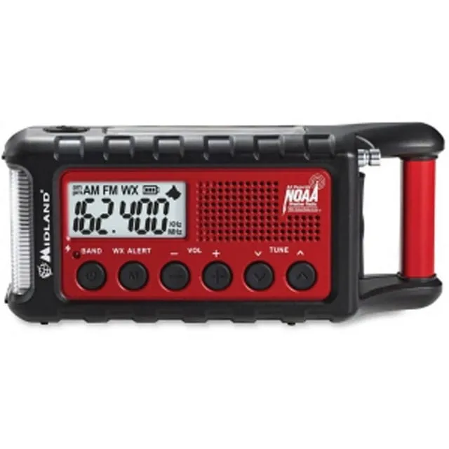 Midland - ER310, Emergency Crank Weather AM/FM Radio - Multiple Power Sources, SOS Emergency Flashlight, Ultrasonic Dog Whistle, & NOAA Weather Scan + Alert (Red/Black)