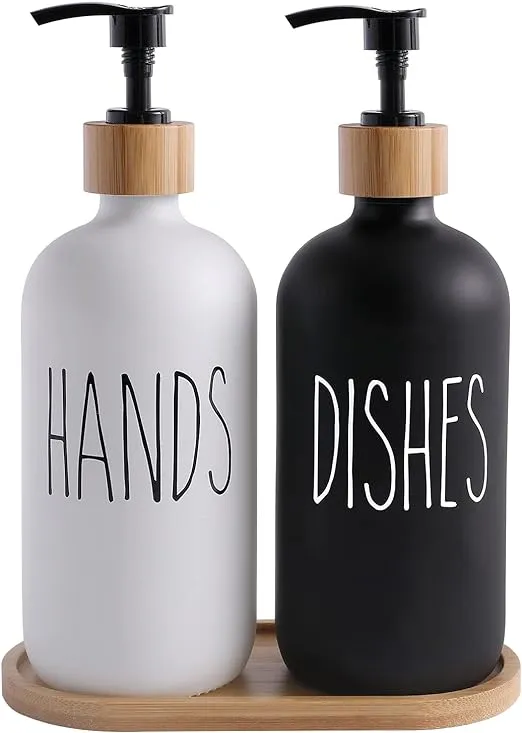 Rustic White Soap Dispenser Set, Glass Hand Dish Soap Dispenser, Farmhouse Kitchen Decor