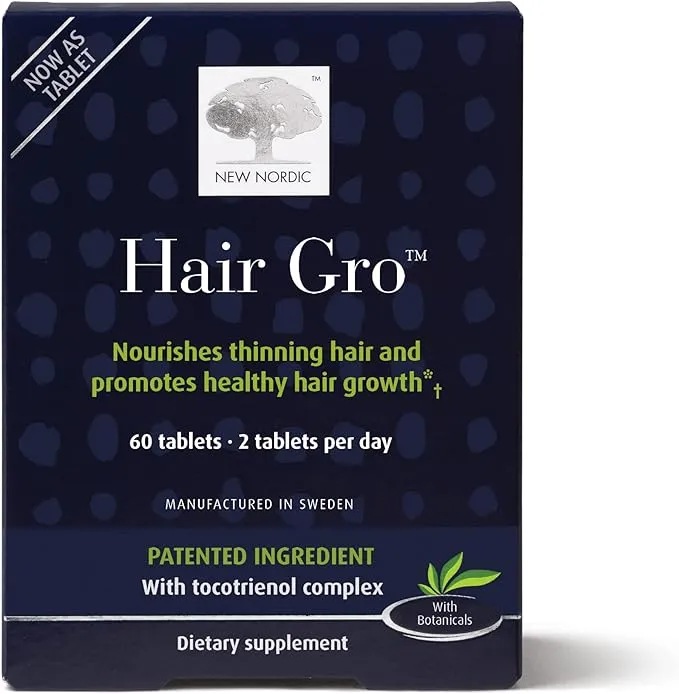 NEW NORDIC Hair GRO | Hair Growth Supplement Tablets | Biotin & Palm Fruit Extract for Natural Regrowth | Swedish Made | 60 Count (Pack of 1)