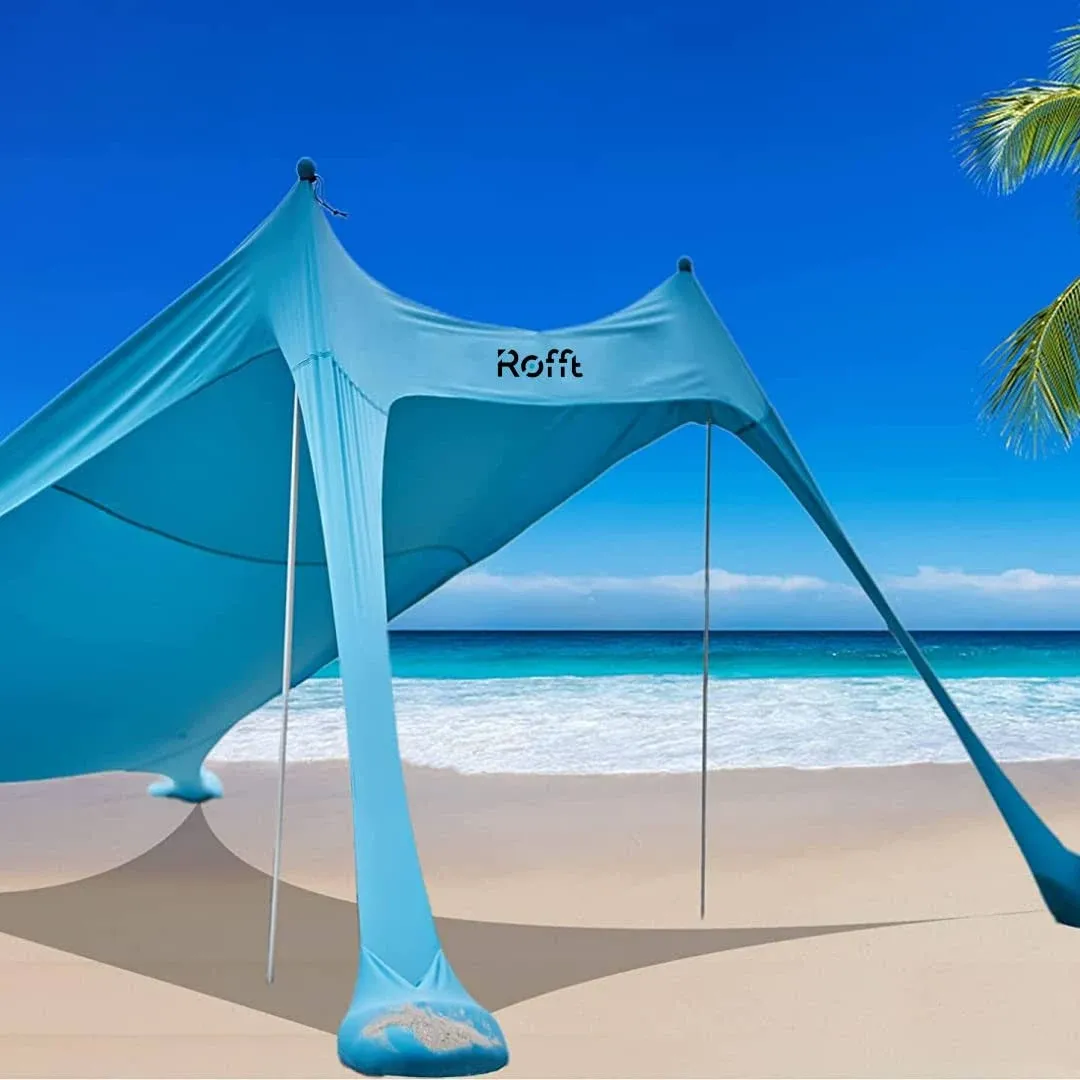 ROFFT Pop Up Beach Tent and Beach Canopy Sun Shelter UPF50+ with Sand Shovel, Ground Pegs and 2 Aluminum Poles, Outdoor Sunshade for Camping Trips, Fishing, Backyard Fun or Picnics (RSSH2 7' x 7')